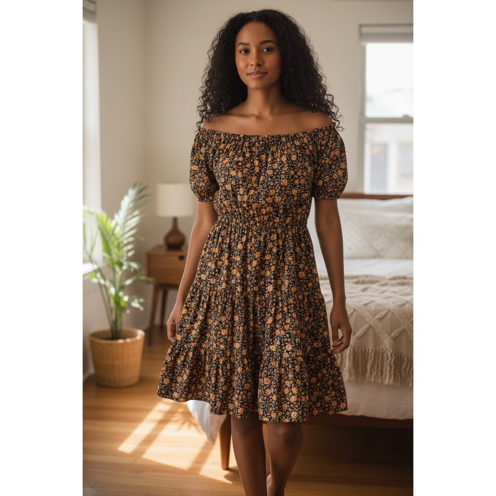 Indigo Rose Floral Tiered Mini Dress Smocked Waist Orange Yellow Boho Women - Picture 1 of 3